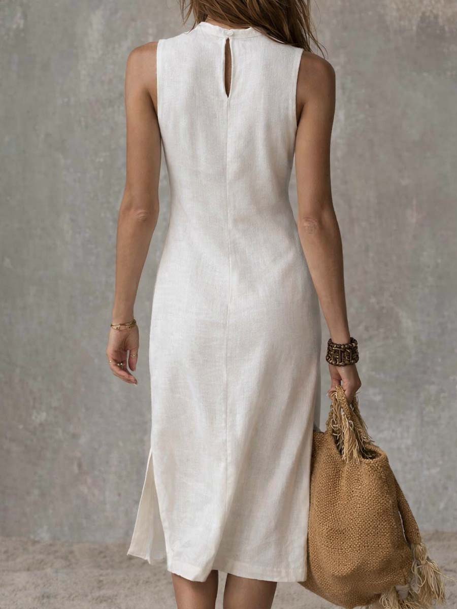 Women's Stand Collar Side Split Midi Dress - Sleeveless