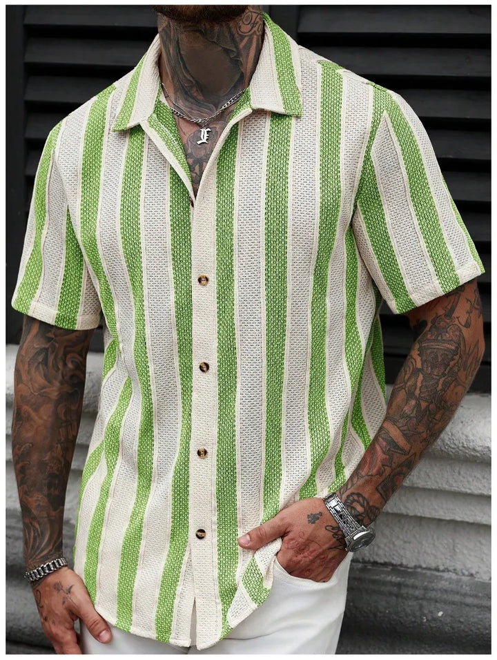 Men's Short Sleeve Striped Shirt - Casual Button Front Cotton Top