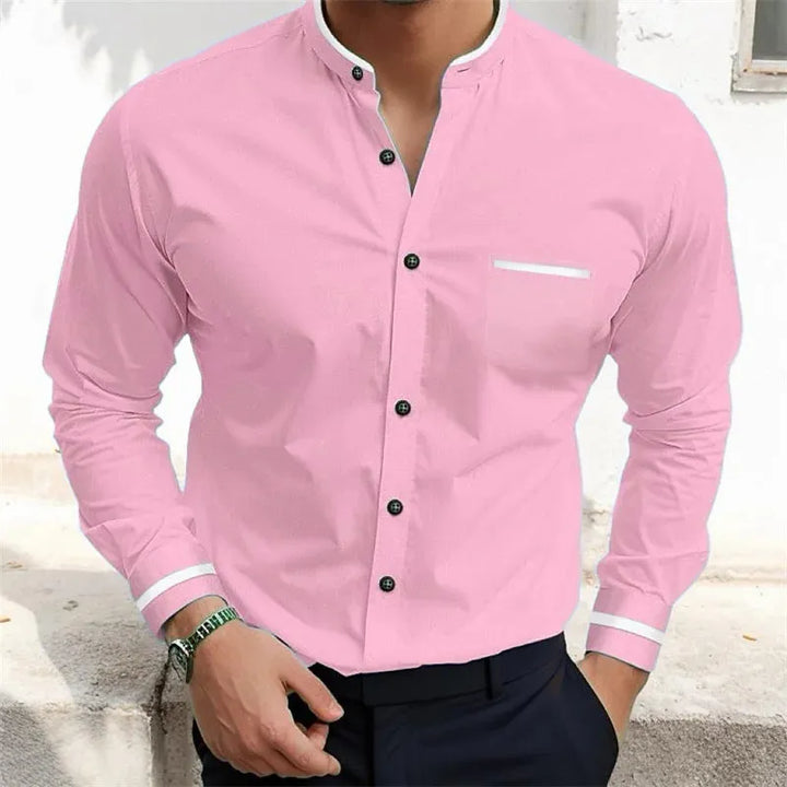 Men's Long-Sleeve Grandad Collar Shirt - Contrast Trim Chest Pocket
