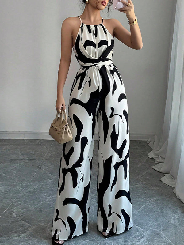Women's Abstract Print Halter Neck Open Back Sleeveless Belted Wide-Leg Jumpsuit for Evening Wear