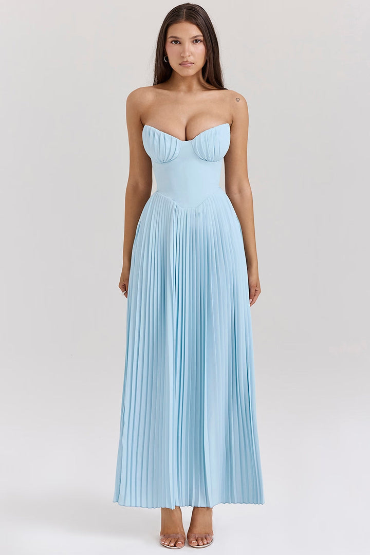 Women's Strapless Flowy Pleated Midi Dress - Sweetheart Corset Bodice