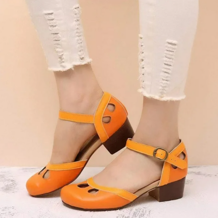 Women’s Blue Mary Jane Heels – Green Strap Low Block Heel Pumps for Casual Party Dress Wear