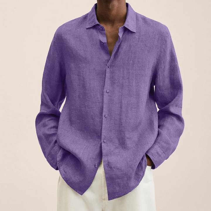 Men's Long Sleeve Linen Button Down Shirt - Spread Collar