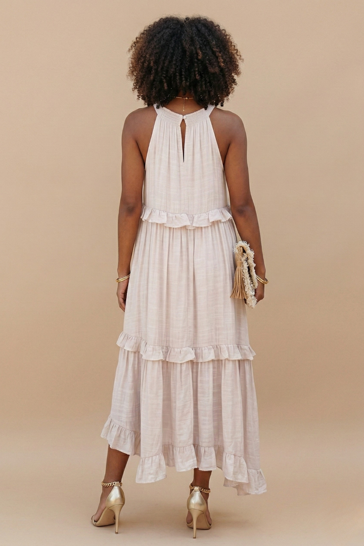 Women's Halter Neck Tiered Maxi Dress - Flowy Ruffle Hem Summer Dress with Pockets