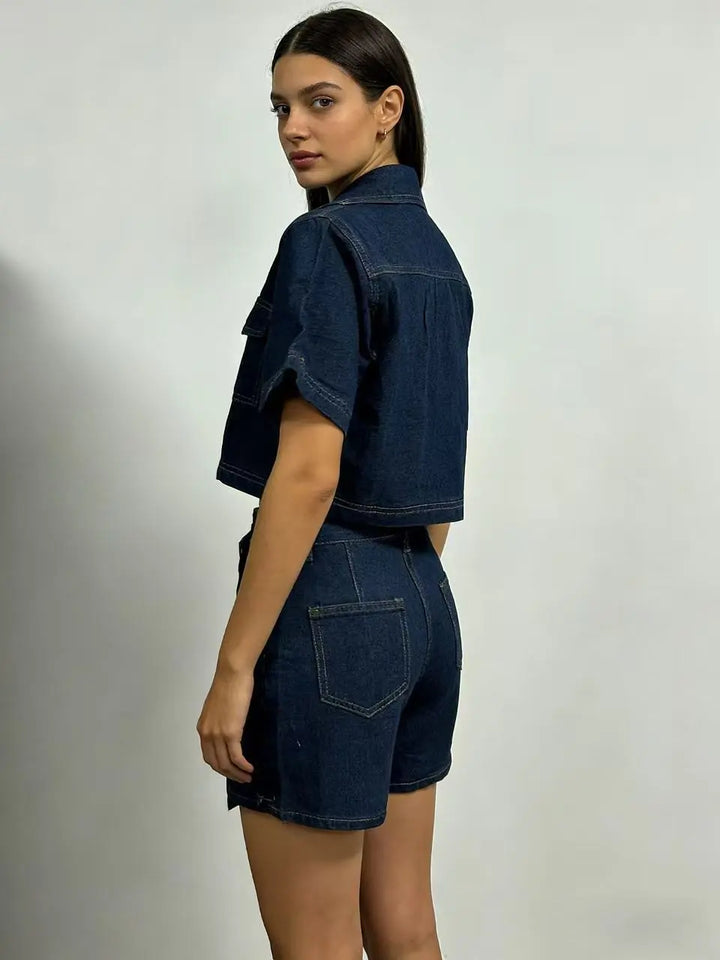 Women's Denim Going-Out Set - Cropped Half-Zip Top and Asymmetric Wrap Mini Skirt with Contrast Stitching