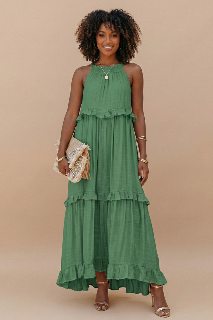 Women's Halter Neck Tiered Maxi Dress - Flowy Ruffle Hem Summer Dress with Pockets