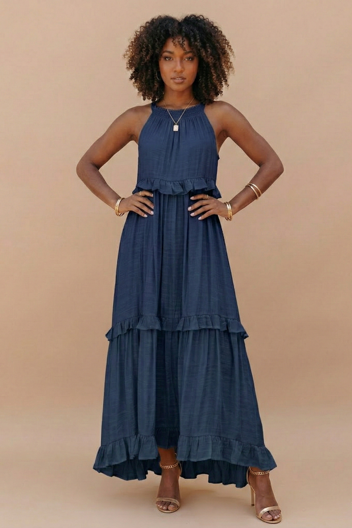 Women's Halter Neck Tiered Maxi Dress - Flowy Ruffle Hem Summer Dress with Pockets