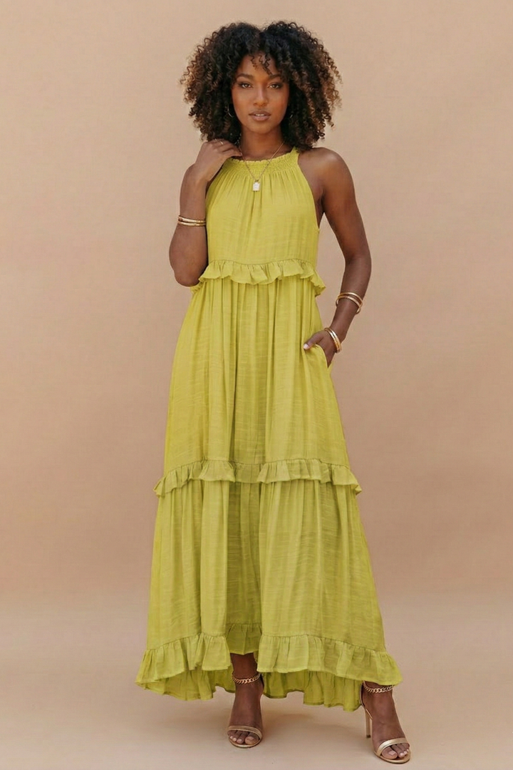 Women's Halter Neck Tiered Maxi Dress - Flowy Ruffle Hem Summer Dress with Pockets