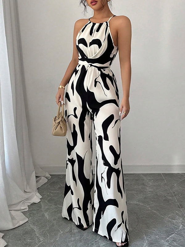Women's Abstract Print Halter Neck Open Back Sleeveless Belted Wide-Leg Jumpsuit for Evening Wear