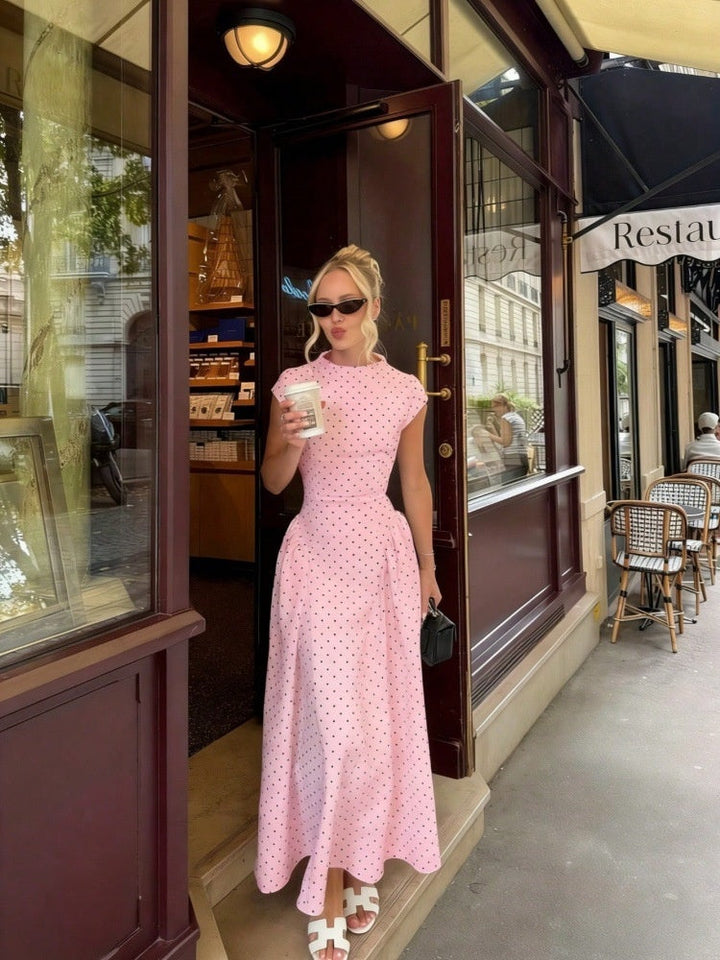 Women's Polka Dot Maxi Dress - High Neck Cap Sleeve