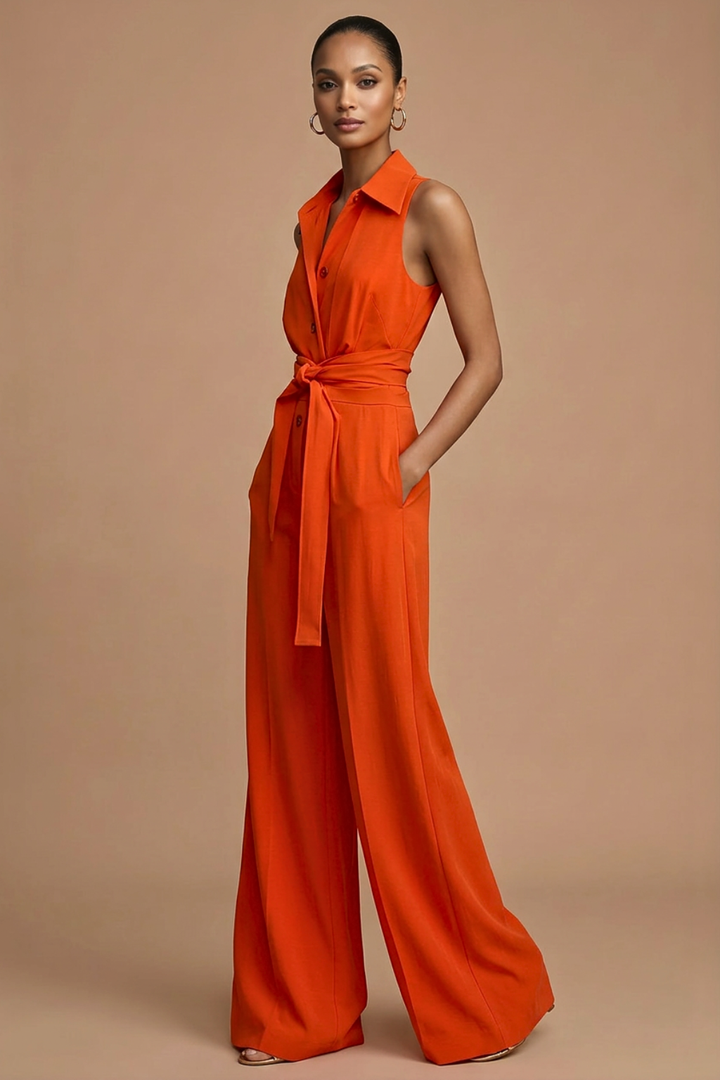 Women’s Sleeveless Wide Leg Jumpsuit with Collar Neck Button Front and Waist Tie