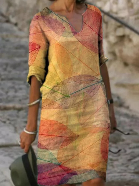 Emily | Women’s Casual Leaf Print Midi Summer dress with V-Neckline