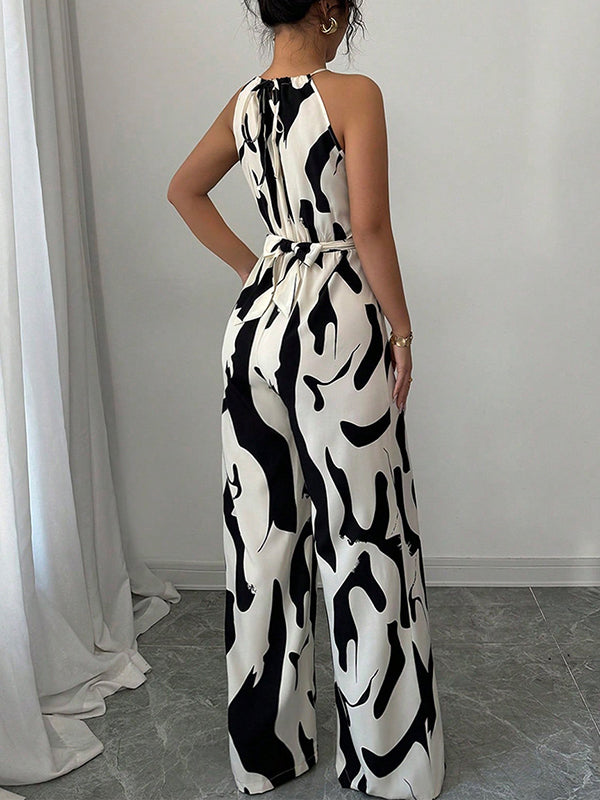 Women's Abstract Print Halter Neck Open Back Sleeveless Belted Wide-Leg Jumpsuit for Evening Wear