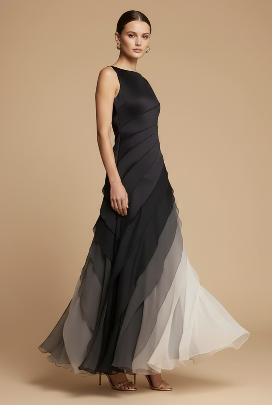 Women's Black Formal Maxi Dress - Tiered Ombre Chiffon Skirt