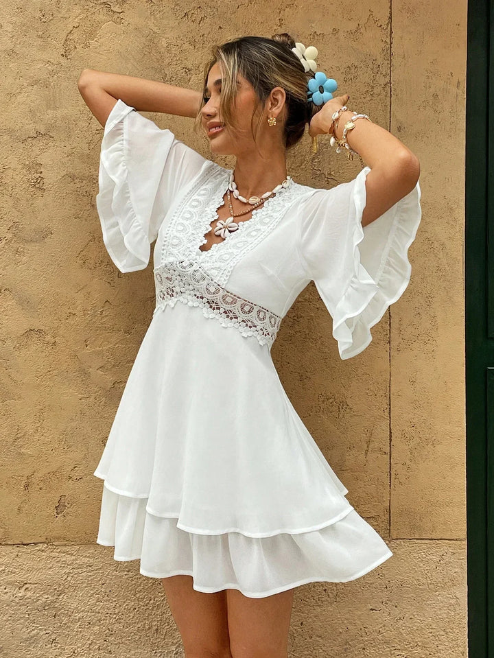 Women’s Lace Trim V-Neck Mini Dress with Ruffle Hem