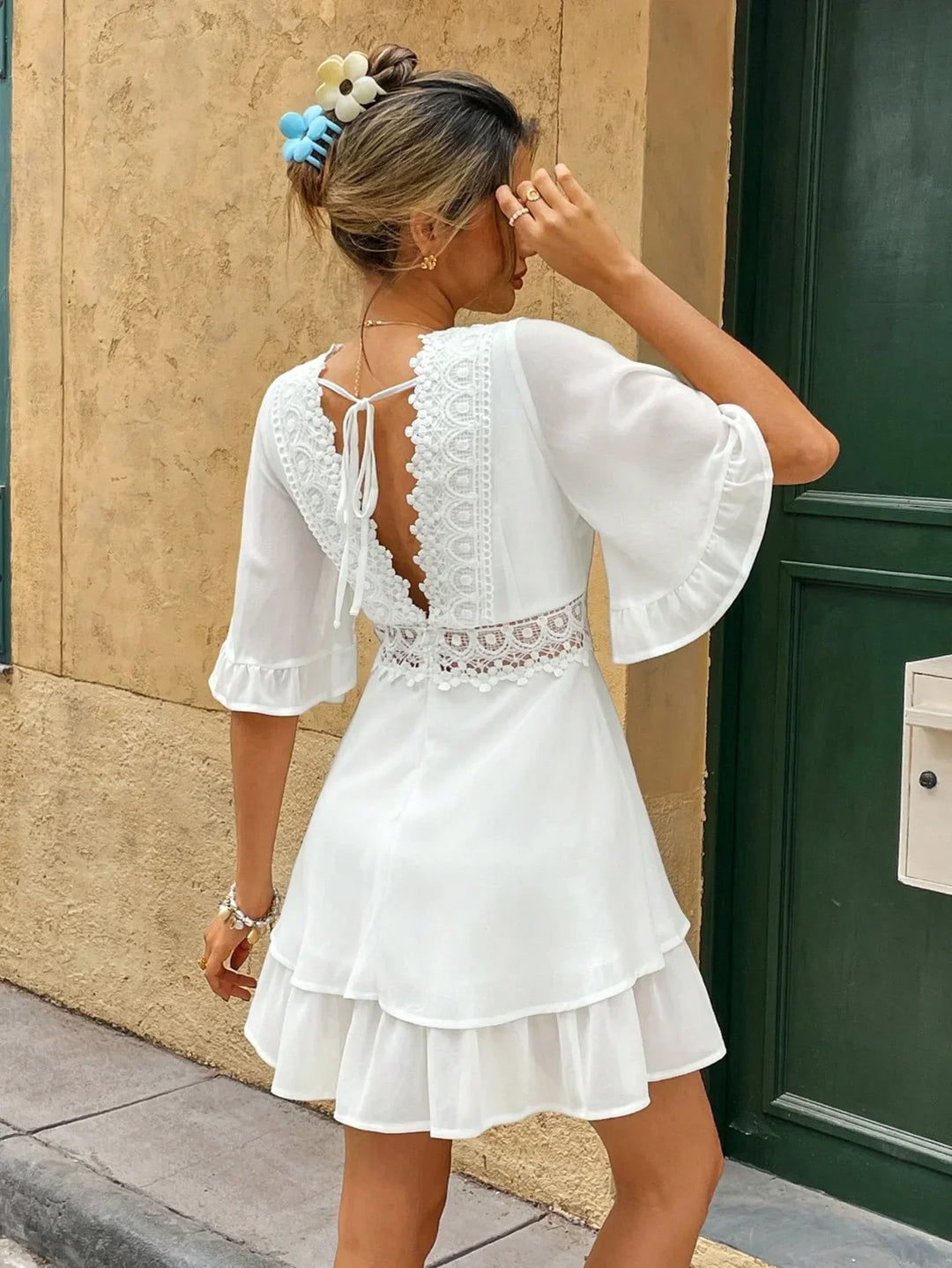 Women’s Lace Trim V-Neck Mini Dress with Ruffle Hem