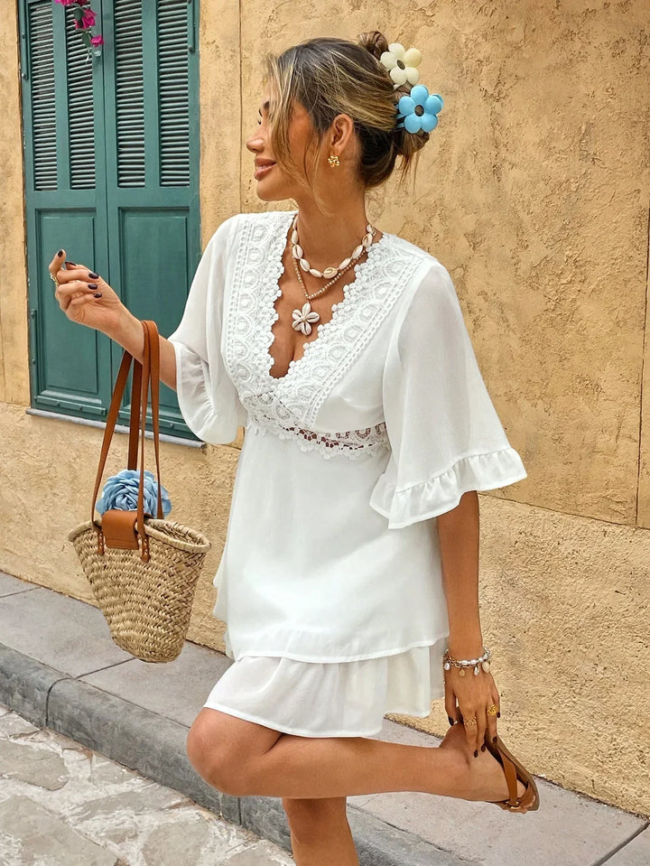 Women’s Lace Trim V-Neck Mini Dress with Ruffle Hem
