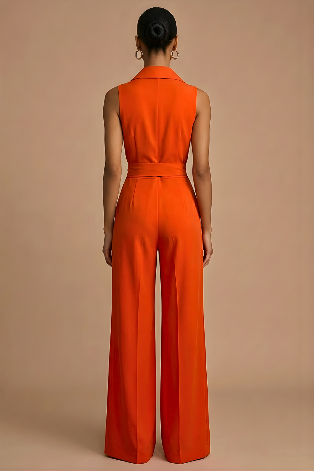 Women’s Sleeveless Wide Leg Jumpsuit with Collar Neck Button Front and Waist Tie