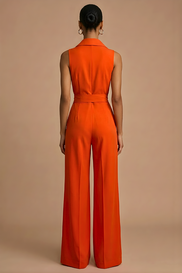 Women’s Sleeveless Wide Leg Jumpsuit with Collar Neck Button Front and Waist Tie