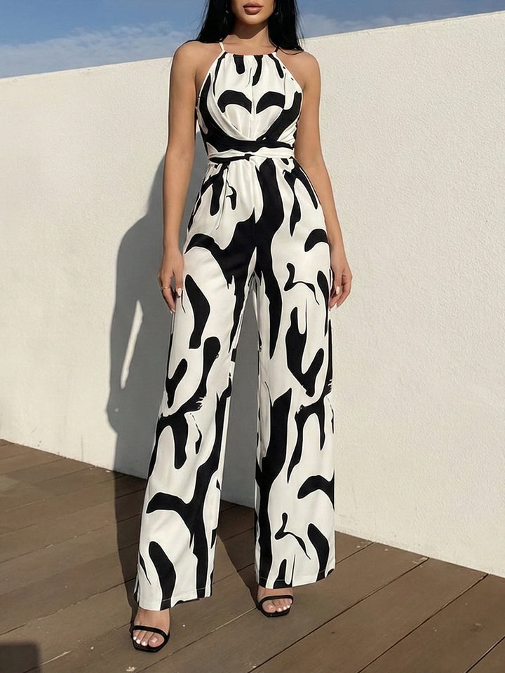 Women's Abstract Print Halter Neck Open Back Sleeveless Belted Wide-Leg Jumpsuit for Evening Wear