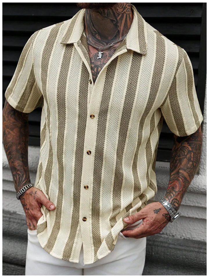 Men's Short Sleeve Striped Shirt - Casual Button Front Cotton Top