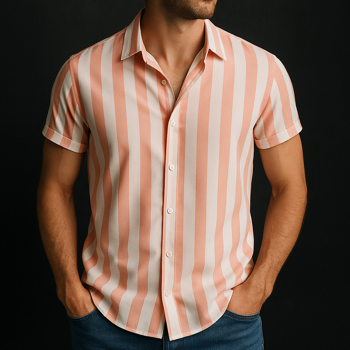Men’s Short Sleeve Button-Up Shirt with Vertical Stripe Pattern
