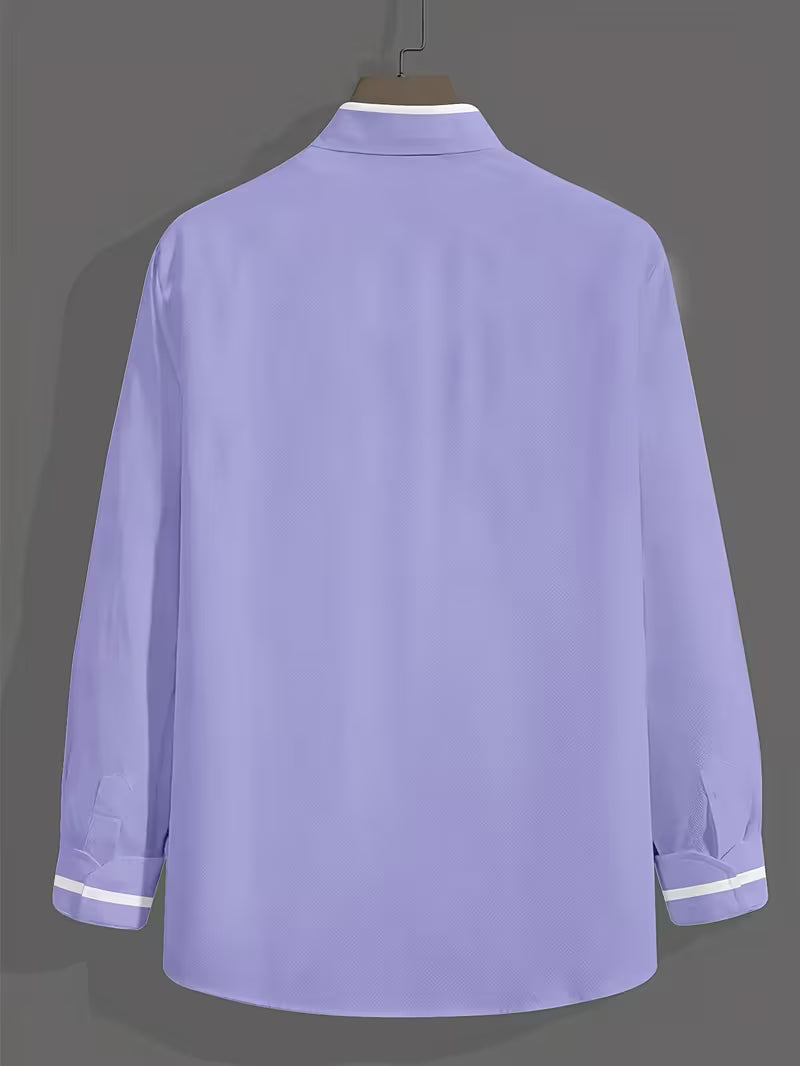 Men's Long-Sleeve Grandad Collar Shirt - Contrast Trim Chest Pocket