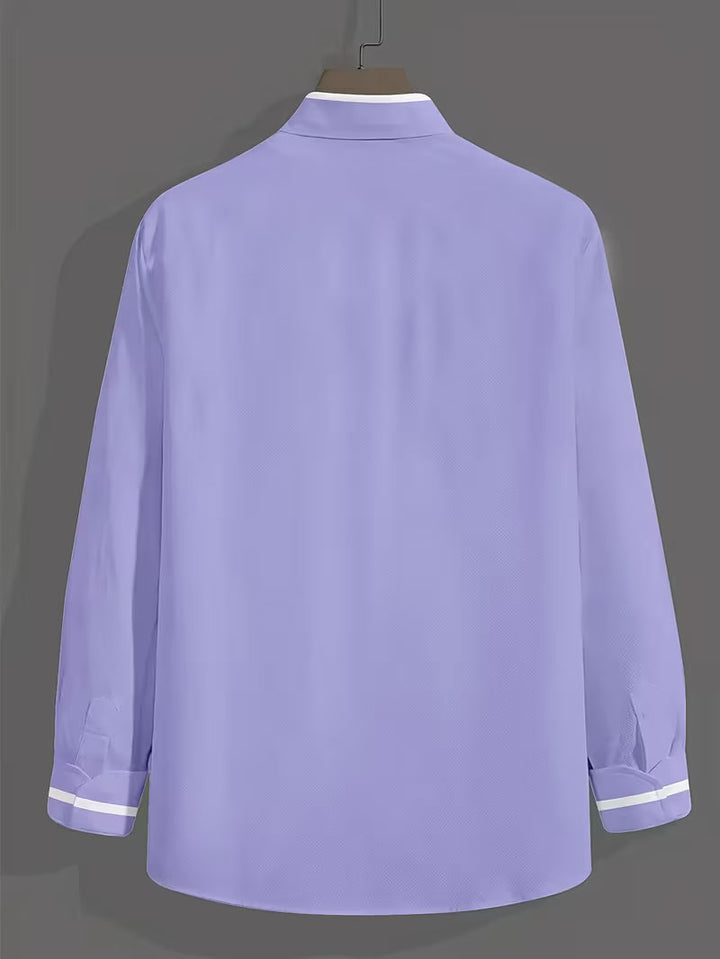 Men's Long-Sleeve Grandad Collar Shirt - Contrast Trim Chest Pocket