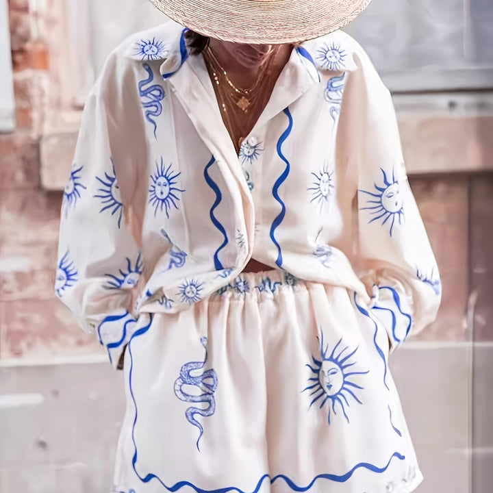 Women’s Printed Two-Piece Shirt and Shorts Set – Sun Motif Summer Co-Ord