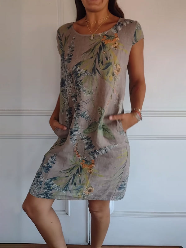 Isla | Women’s Casual Leaf Print Midi Summer Dress with Patch Pockets