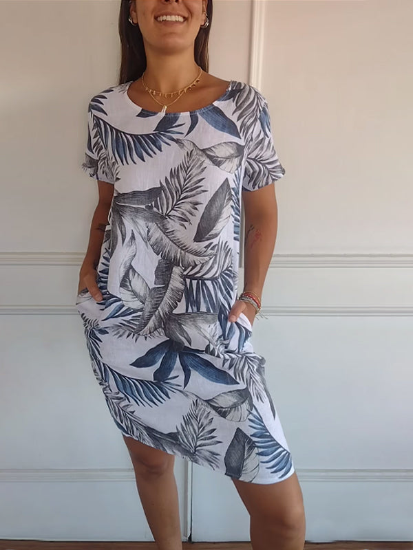 Isla | Women’s Casual Leaf Print Midi Summer Dress with Patch Pockets