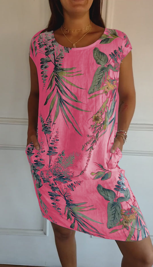 Isla | Women’s Casual Leaf Print Midi Summer Dress with Patch Pockets