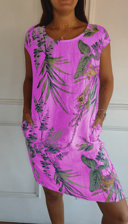 Isla | Women’s Casual Leaf Print Midi Summer Dress with Patch Pockets
