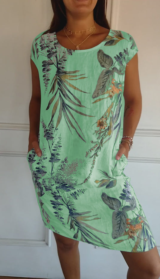 Isla | Women’s Casual Leaf Print Midi Summer Dress with Patch Pockets