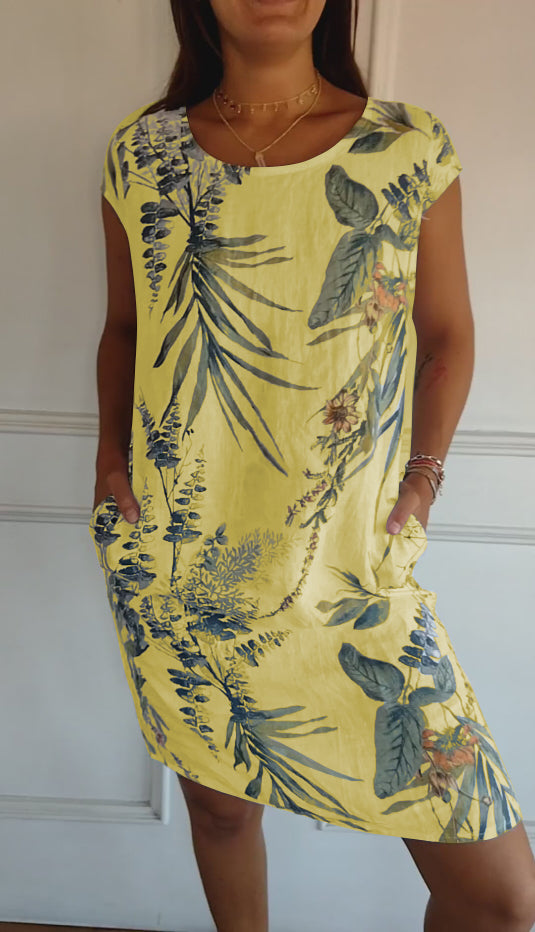 Isla | Women’s Casual Leaf Print Midi Summer Dress with Patch Pockets