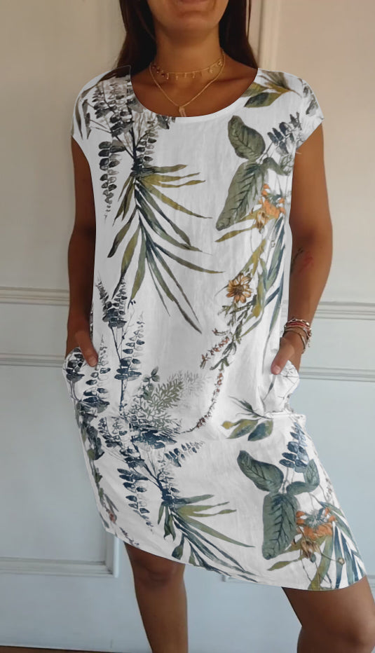 Isla | Women’s Casual Leaf Print Midi Summer Dress with Patch Pockets