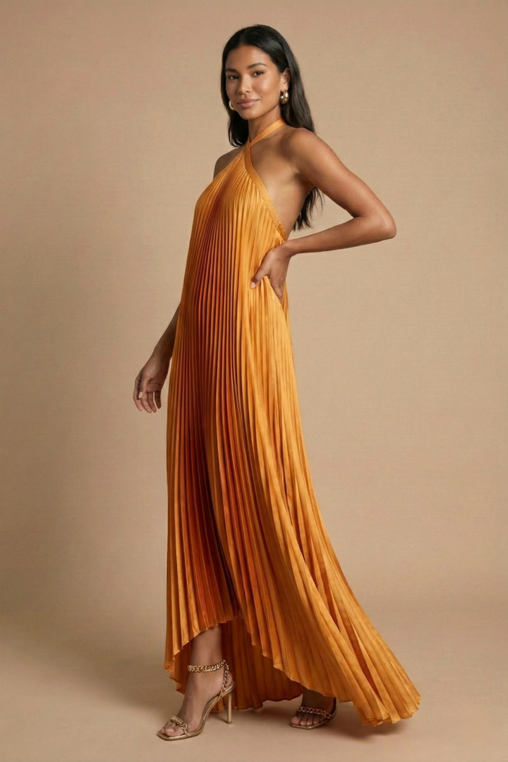 Women’s Open Back Halter Pleated Maxi Dress with Tie Closure