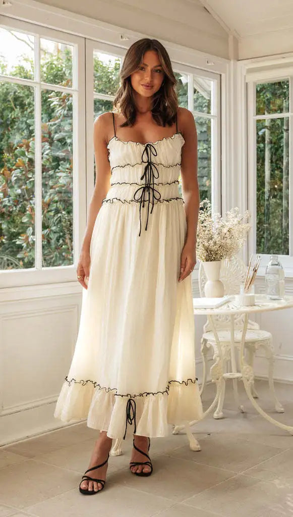 Women's Flowy Boho Maxi Dress - Spaghetti Strap Lace-Up Ruffle Hem