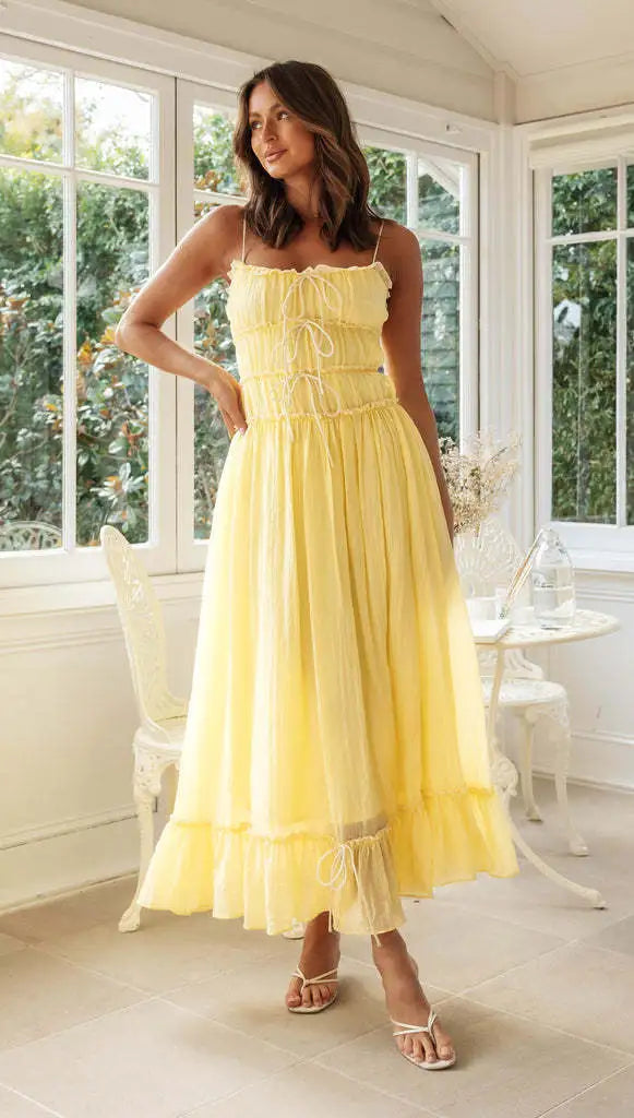 Women's Flowy Boho Maxi Dress - Spaghetti Strap Lace-Up Ruffle Hem
