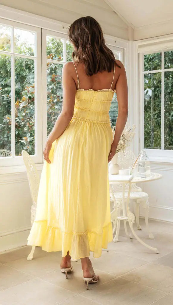 Women's Flowy Boho Maxi Dress - Spaghetti Strap Lace-Up Ruffle Hem