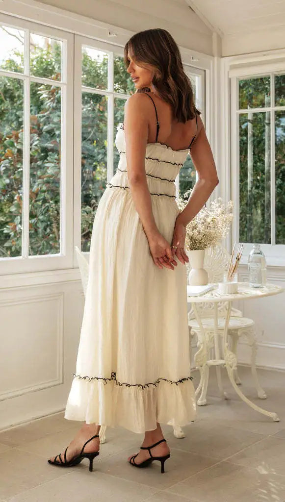 Women's Flowy Boho Maxi Dress - Spaghetti Strap Lace-Up Ruffle Hem
