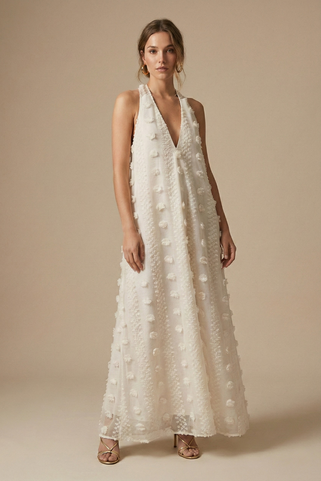 Women’s Textured Halter Backless Maxi Dress with 3D Appliqué