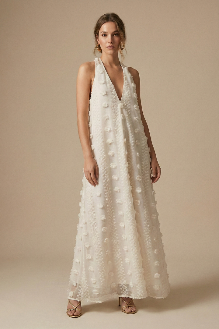 Women’s Textured Halter Backless Maxi Dress with 3D Appliqué