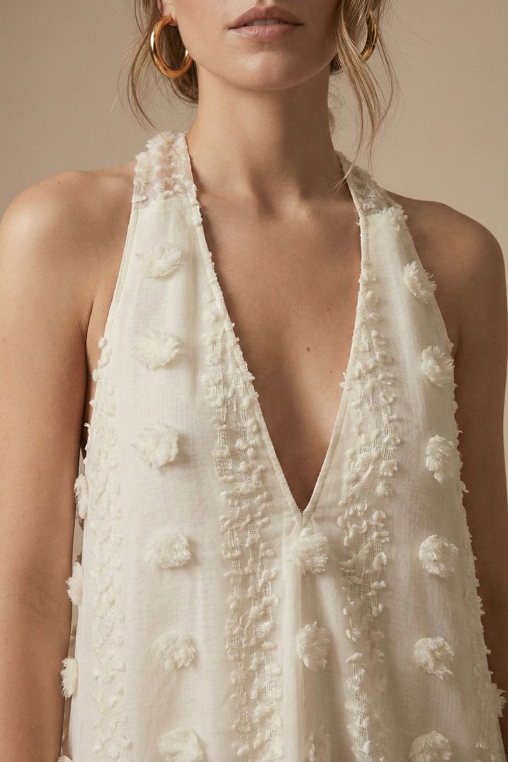 Women’s Textured Halter Backless Maxi Dress with 3D Appliqué