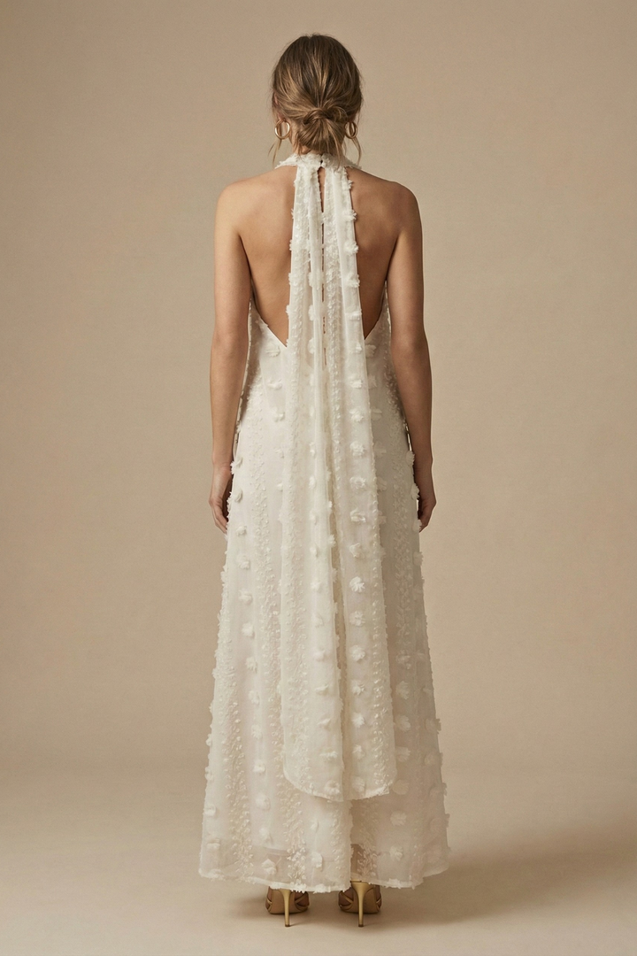 Women’s Textured Halter Backless Maxi Dress with 3D Appliqué
