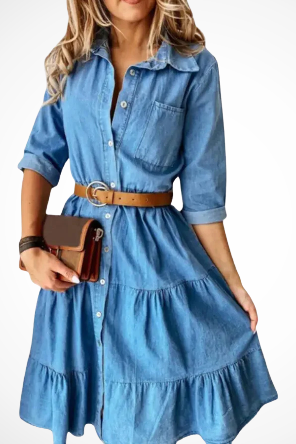 Denim Tiered Midi Shirt Dress with Belt – Casual Everyday