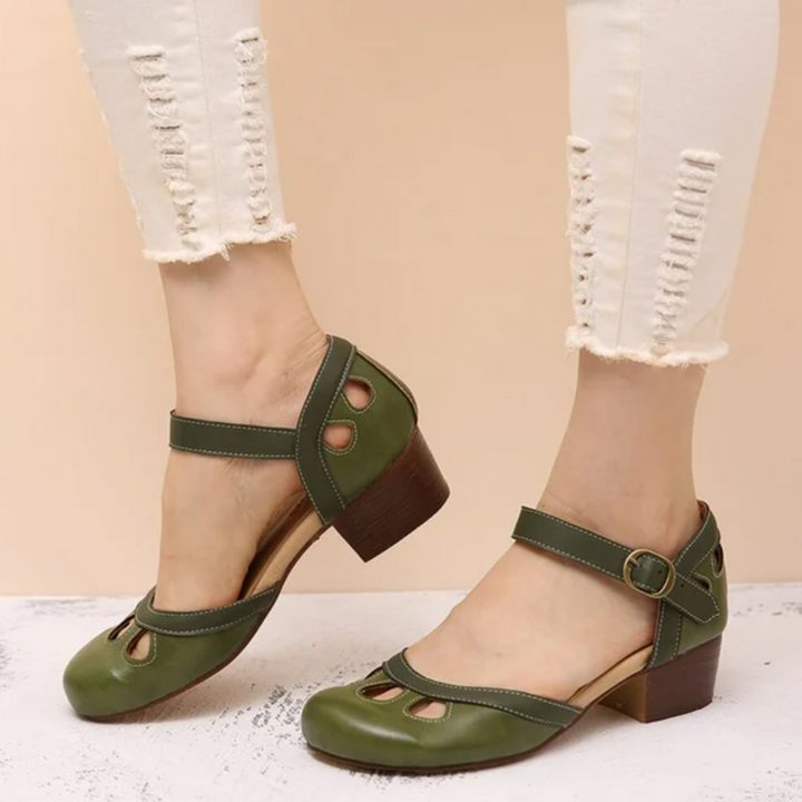 Women’s Blue Mary Jane Heels – Green Strap Low Block Heel Pumps for Casual Party Dress Wear