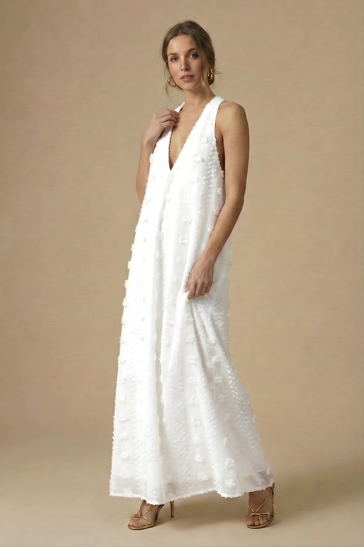 Women’s Textured Halter Backless Maxi Dress with 3D Appliqué