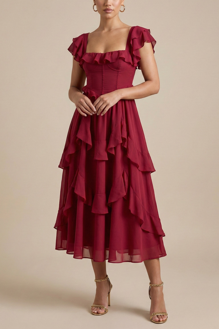 Women’s Layered Ruffle Midi Dress with Flutter Sleeves