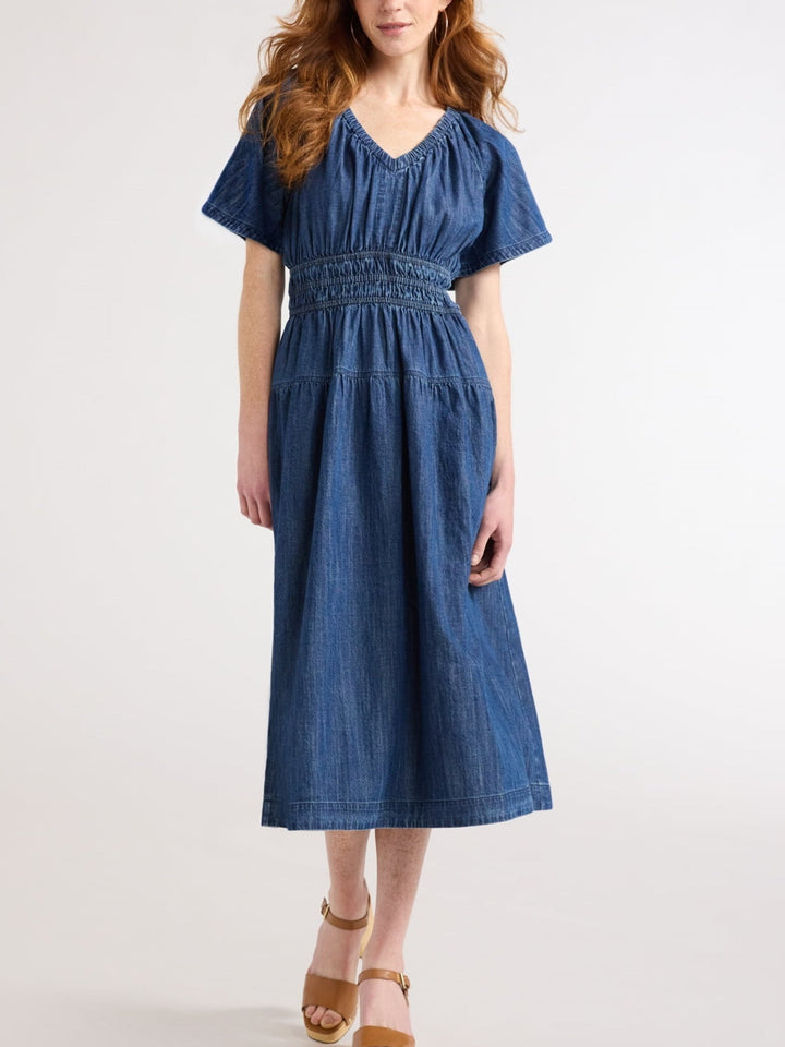 Denim Tiered Midi Dress with Pockets – Casual